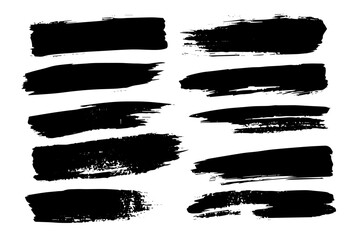 Set of black grunge brush strokes and ink splashes with rough texture isolated on white background perfect for abstract design banners and artistic overlays.