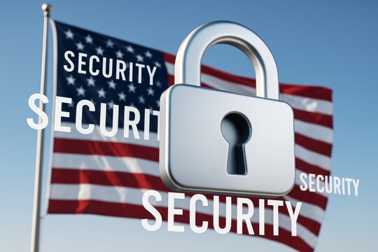 Cybersecurity and data protection concept with padlock and text over waving USA flag background under clear blue sky in light technology style.