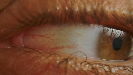 Macro shot of human eye with visible blood vessels and eyelashes