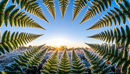 A frost-covered fern frame surrounding a sunrise in a serene landscape.