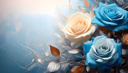 A serene arrangement of blue and cream roses with elegant leaves and a soft background.