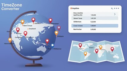 Interactive world map showcasing time zone converter features with highlighted cities and data - Powered by Adobe