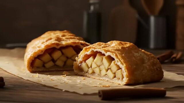 Freshly baked apple strudel with golden crust, sliced to reveal juicy apple filling, rustic kitchen setting