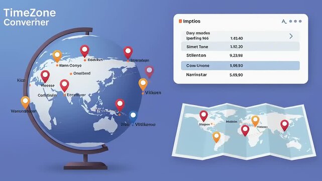 Interactive world map showcasing time zone converter features with highlighted cities and data