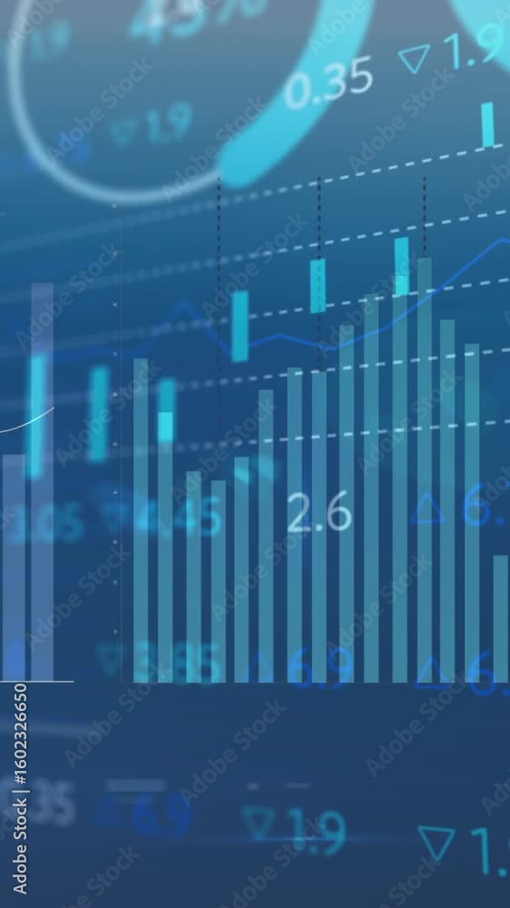 Poster animation of diverse graphs and financial data on blue background