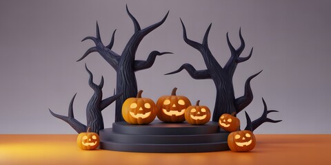 Spooky halloween scene with carved glowing pumpkins and bare silhouette trees on a dark stage
