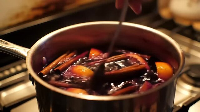 Hand gently stirs simmering mulled wine in a pot on the stove, cinnamon sticks and orange slices swirl in the rich, dark red liquid.