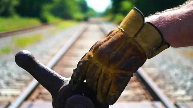 A strong hand forcefully pulls a large, heavy lever to operate a railway switch, directing a trains path on the track.