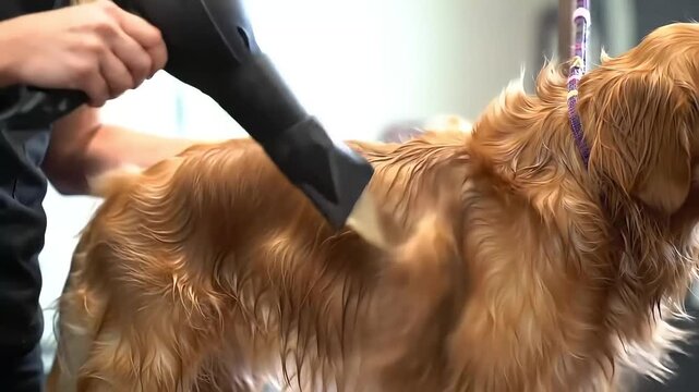 Professional pet groomer uses high-velocity dryer to thoroughly dry a wet dogs fluffy fur, showcasing a meticulous grooming process.