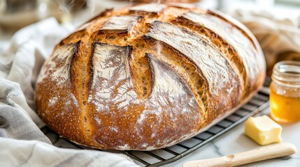 Crusty loaf homemade artisan bread with elaborate geometric scoring patterns and flour dusting on cooling rack with honey jar