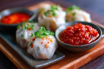 Steamed dumplings accompanied by zesty chili and tomato sauces A tasty Asian treat ideal for sharing