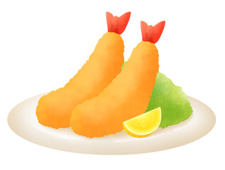 お皿に盛られたエビフライとサラダとレモンのイラスト
