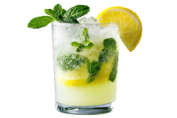 Thirst‑quenching summer mint lemonade in frosty glass with vibrant citrus wedges, fresh mint leaves and sparkling ice, ultra‑detailed transparent PNG cutout perfect for refreshing beverage branding