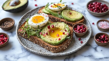 Avocado toast breakfast featuring sliced avocado, hard-boiled eggs and microgreens on artisanal seeded bread with natural lighting