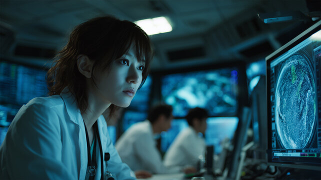 日本人女性がハイテク室で分析業務