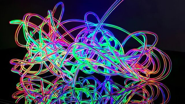 Vivid Tangled Fiber Optic Strands Glowing in Multiple Colors on Black Mirror Base

