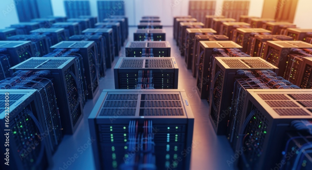 Poster elevated view of a secure facility housing dense clusters of nextgeneration servers and storage devi