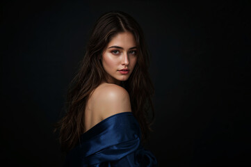 Naklejka premium Portrait of a Woman with Dark Hair in Blue Top, Stunning Portrait of Young Woman with Dark Hair and Striking Eyes