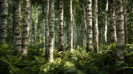 Obraz premium 夏の白樺林に木漏れ日が差し込む