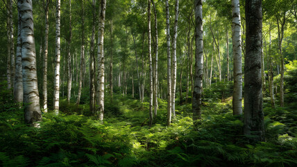 Obraz premium 夏の白樺林に木漏れ日が差し込む
