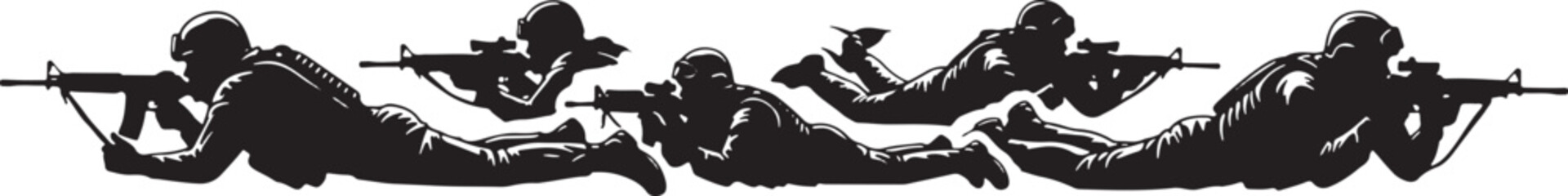 Obraz premium Soldiers aiming rifles in various prone positions military, soldiers, military, army, combat, warfare, weapons, rifles, guns, aiming, prone, tactical, action, silhouette, black and white, illustration