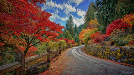 紅葉の山道が秋色に包まれる