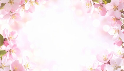 Pink cherry blossom flowers create a beautiful spring border with delicate petals blooming on a tree branch, perfect for a floral background