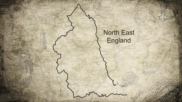 North East England map drawn on a cartography background sheet of paper