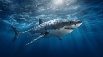 ホホジロザメが青い海中を力強く泳ぐ