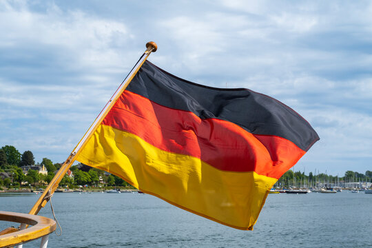German flag waving on ship in Eckernf�rde harbor