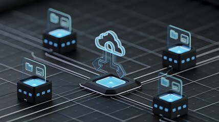 Futuristic digital network connecting cloud computing data centers with glowing blue lights