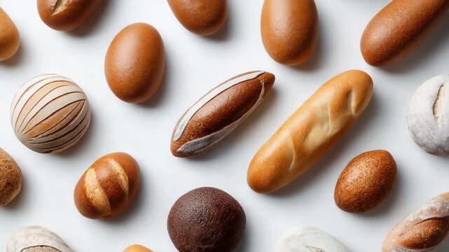 A variety of breads are displayed in a row, including baguettes, rolls, and other types of bread