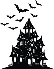 A spooky mansion silhouette with bats flying above it against a white background halloween themed image