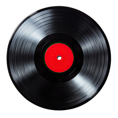 Close-up view of a black vinyl record with a red label