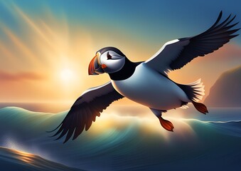 Atlantic Puffin Bird Flying Above the Waves
