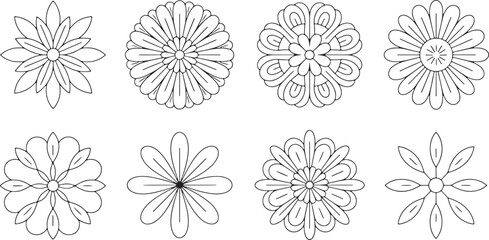 Black Line Art Floral Designs with Multiple Petals and Centers