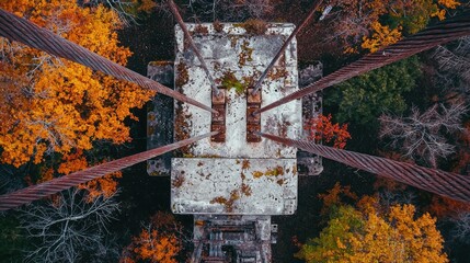Historic suspension bridge cable anchorage aerial view concrete anchor block steel cables autumn forest overhead perspective