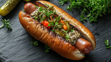 Bison dog artisan hot dog microgreens gourmet condiments slate background premium restaurant style fast food presentation