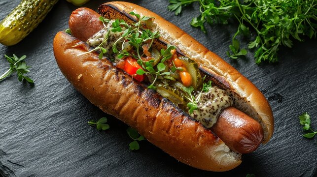 Bison dog artisan hot dog microgreens gourmet condiments slate background premium restaurant style fast food presentation