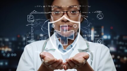 African American Doctor Presenting Digital Health Interface With Glowing Medical Shield Symbol In Night City Background - Powered by Adobe