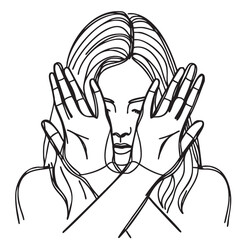 Woman making a stop violence. Sketch. Woman closed face hands