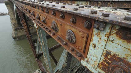 Bridge iron castings connection plates junction points structural reinforcement weathered metal patina industrial design geometric forms bolted hardware
