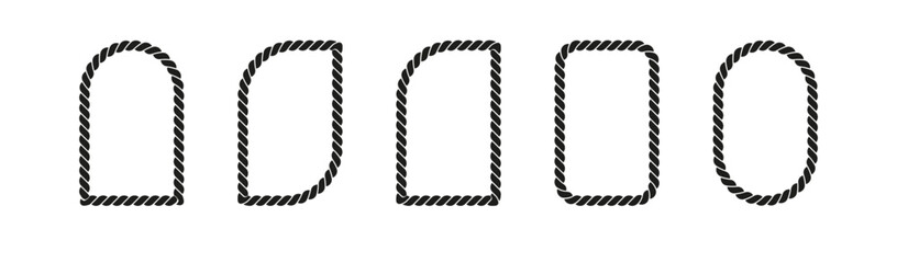 Rope frames. Round, oval, and square silhouette borders isolated on a white background. PNG