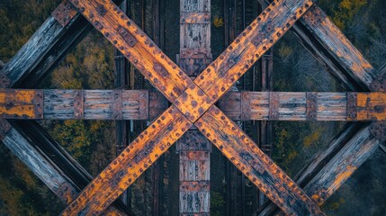 Bridge beam intersections historic steel trestle weathered crisscrossing girders diagonal patterns rust patination vintage railway infrastructure framework