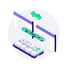 API connects two Web Services. Connection through a digital Chain. api Integration and data exchange. Keyboard with settings icon emphasizes automation. Isometric vector illustration