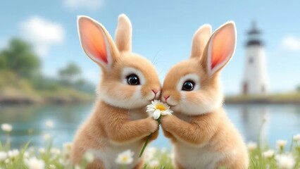 Obraz premium Two adorable bunnies sharing a daisy in a field with a lighthouse in the background on a sunny day