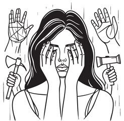 Woman making a stop violence. Abstract Sketch. Woman closed face hands