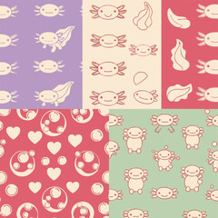 A collection of four charming, repeating patterns featuring cute, stylized axolotl illustrations in various color palettes and designs.