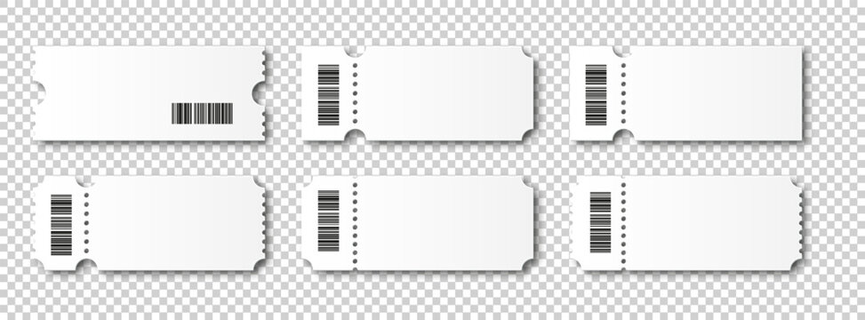 White ticket and coupon vector collection PNG. Isolated blank paper forms for events, movies, theater, flights, or vouchers. Minimalist mockups with perforated edges