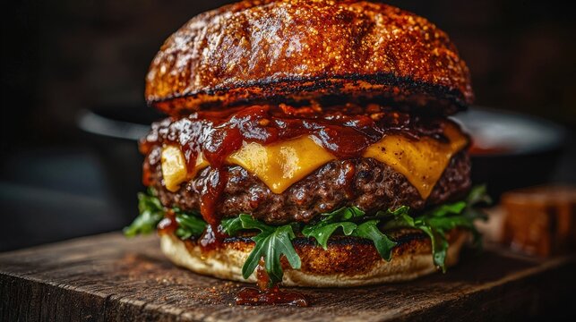 Bourbon burger gourmet beef patty melted cheddar cheese barbecue sauce sesame bun wooden cutting board premium restaurant